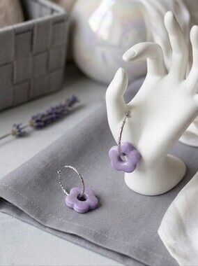 Handmade Purple Shimmer Polymer Clay Flower Hoop Earrings